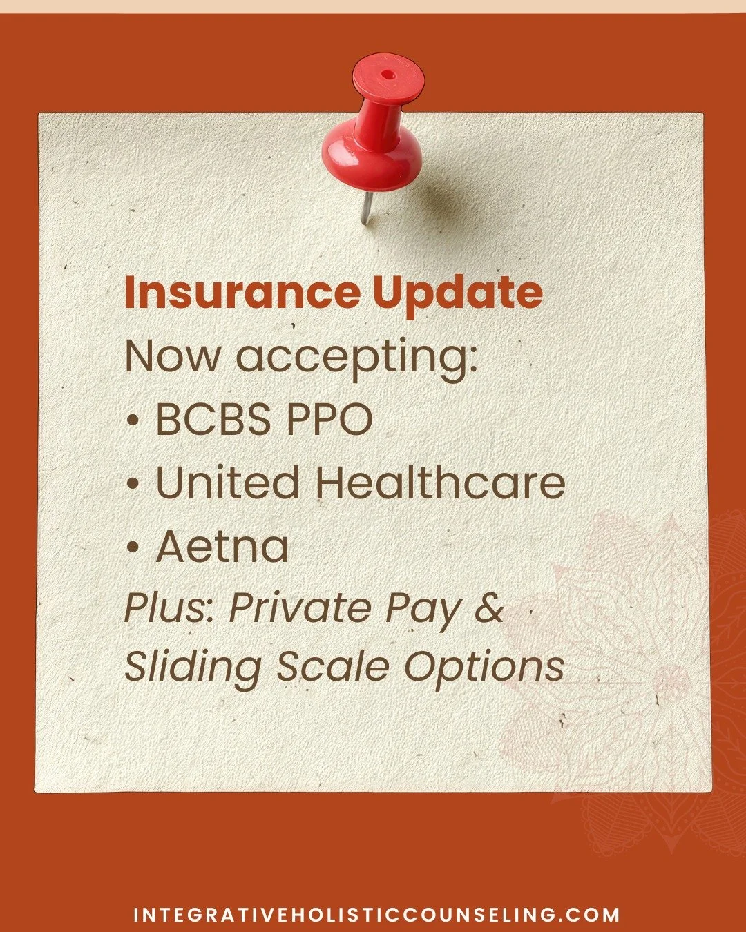 We&rsquo;re committed to making mental health care more accessible. We are now in-network with BCBS PPO, United Healthcare, and Aetna.

We also offer private pay options and a sliding scale to ensure that clients can receive the support they need, re