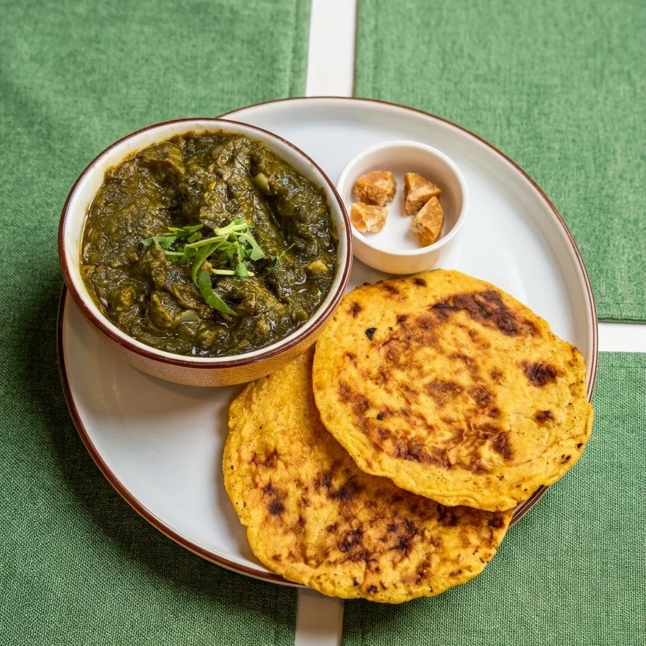 Sarson ka Saag with Makkai Roti and Jaggery