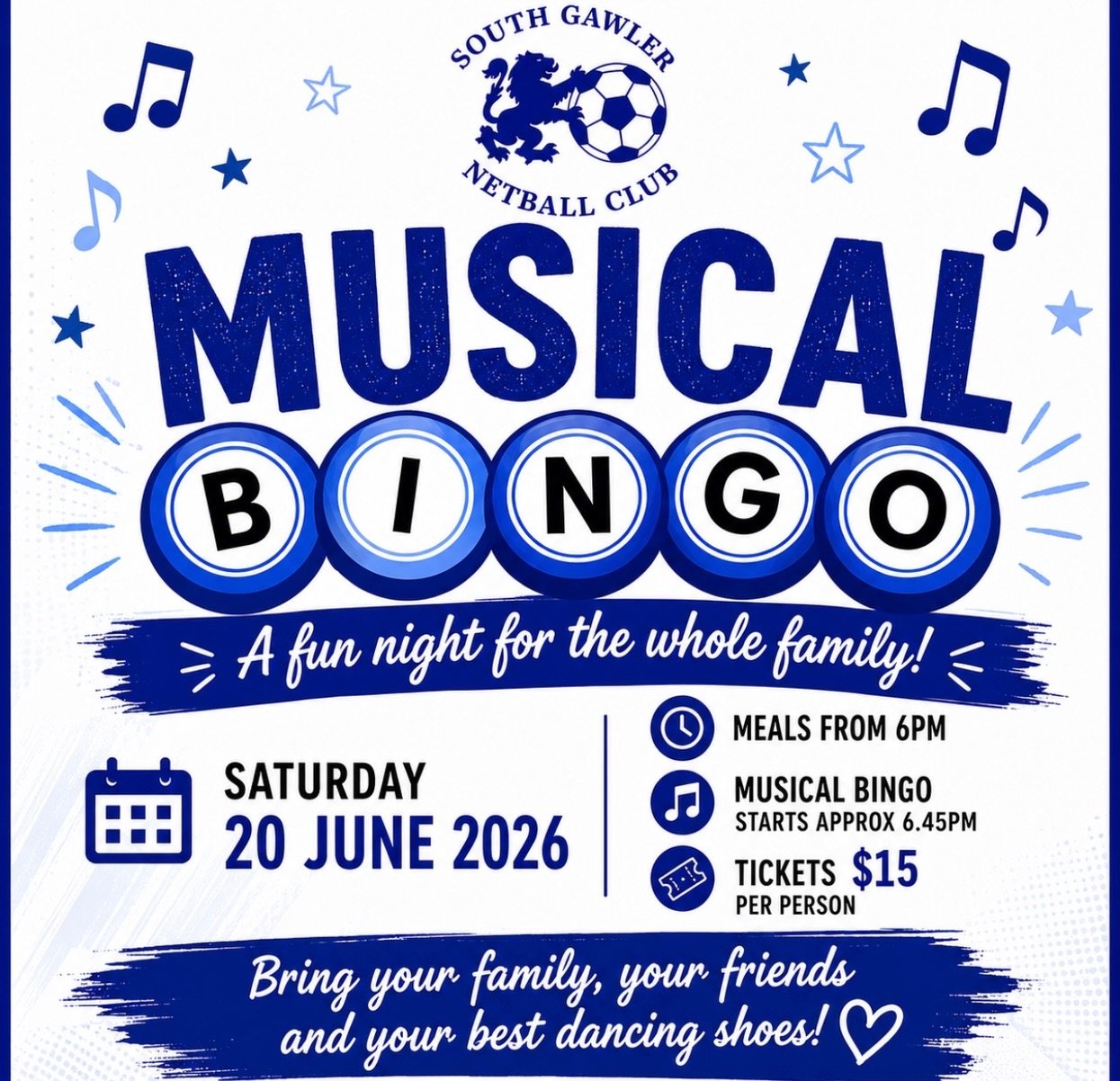 🎵 MUSICAL BINGO IS COMING TO SGNC! 🎵

Get ready for a night of music, food, prizes and family fun! 💙🤍

🍔 Burger Night from 6pm
🎶 Musical Bingo from approx. 6.45pm
✨ Glitter Facepaint Bar
💇 Hair Braiding Station
🍦 Ice Cream Dessert Bar
🎁 Amaz