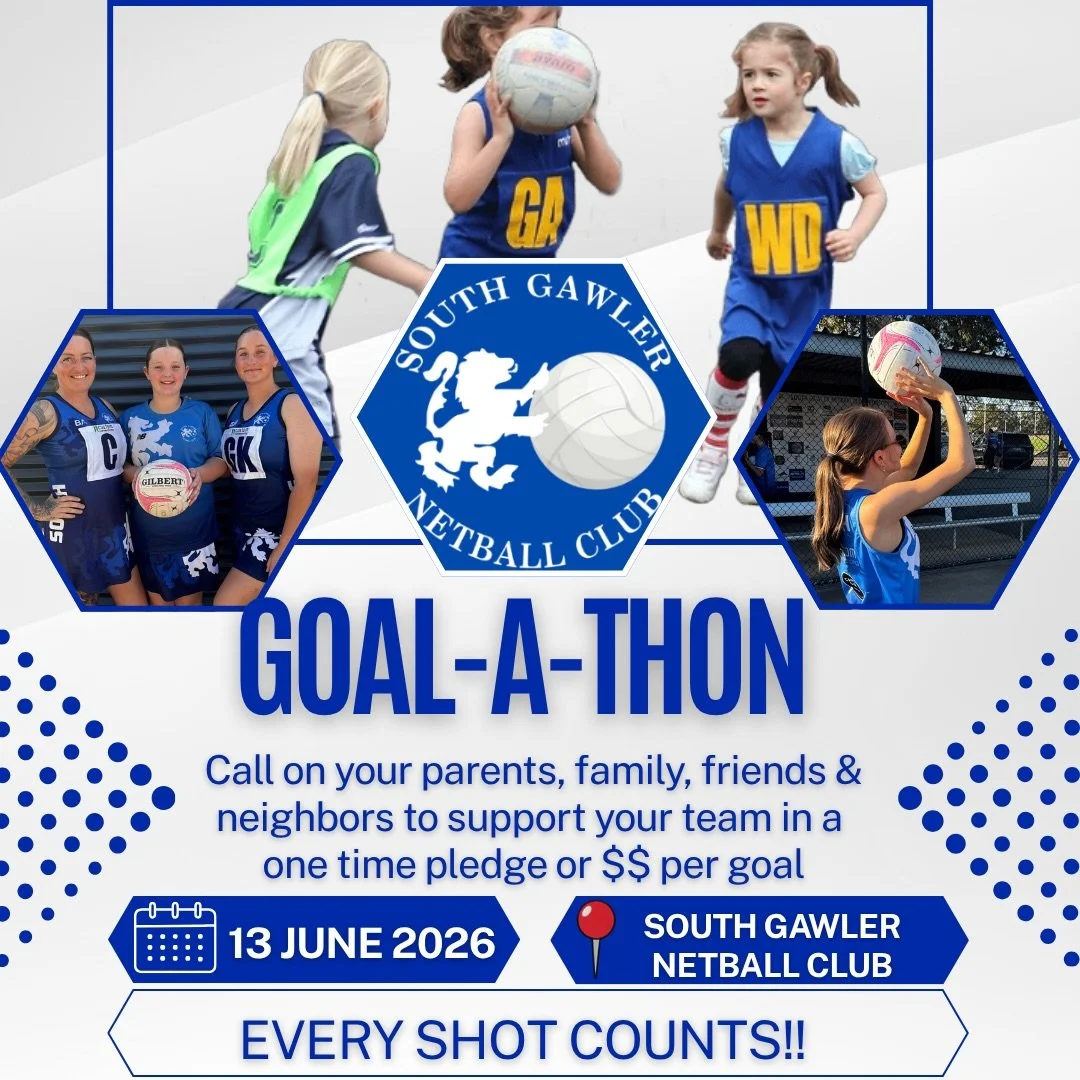 🥅💙 GOAL-A-THON IS HERE! 💙🥅

Saturday 13 June, our South Gawler Netball Club teams take on Angaston both on and off the court as we launch our 2026 Goal-A-Thon fundraiser!

Every goal scored helps raise funds for:
✨ Player development
✨ Coach &amp