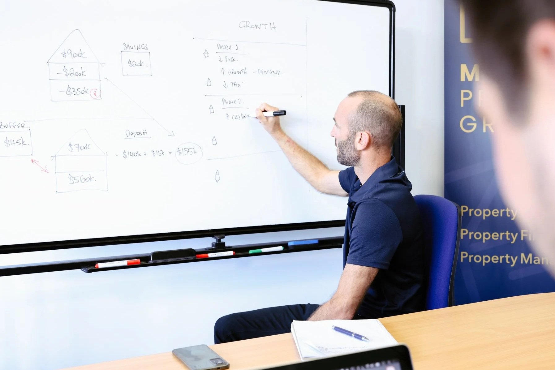 A man with short hair and a beard, wearing a navy blue polo shirt, is sitting at a desk and writing on a whiteboard during a presentation about growth, savings, and property management.