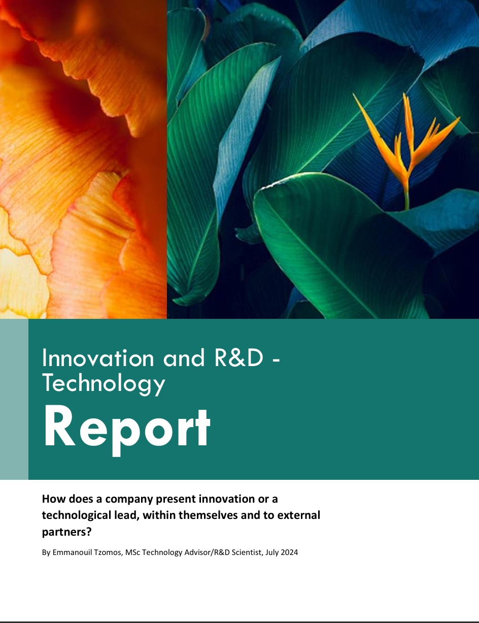 Cover page of a report titled 'Innovation and R&D - Technology Report' with a split background of orange flower petals on the left and green tropical leaves with a yellow flower on the right.