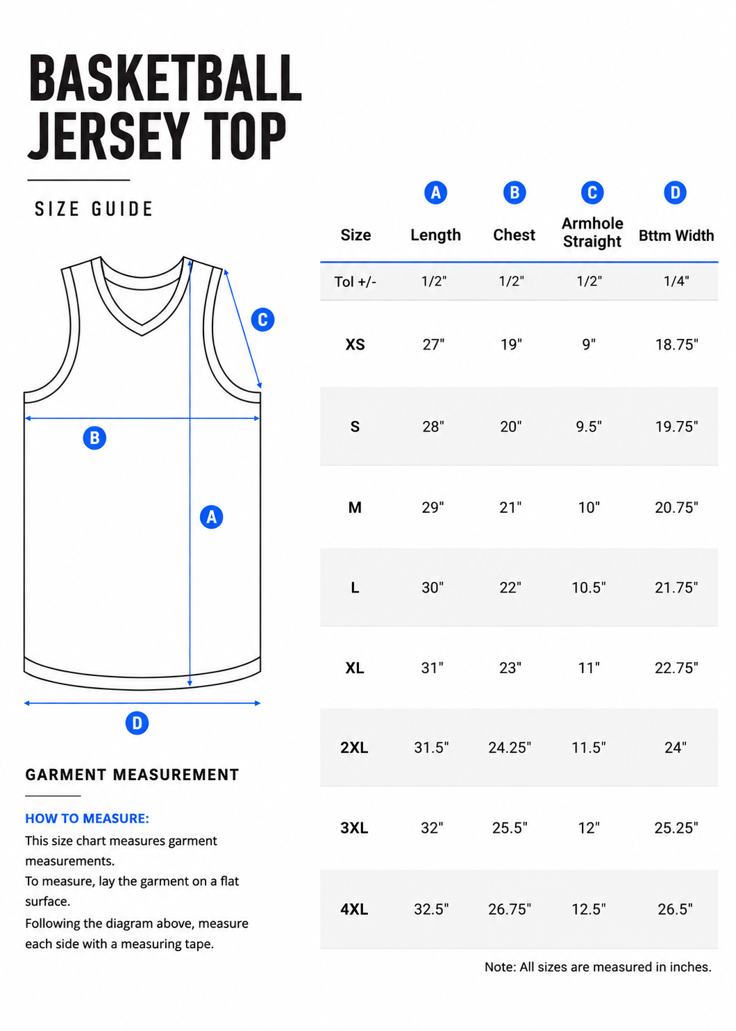 Basketball singlet size guide showing garment measurements from XS to 4XL