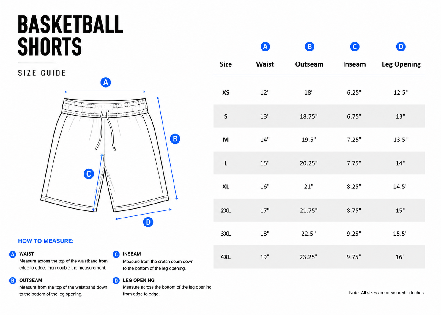 Basketball shorts size guide showing garment measurements from XS to 4XL
