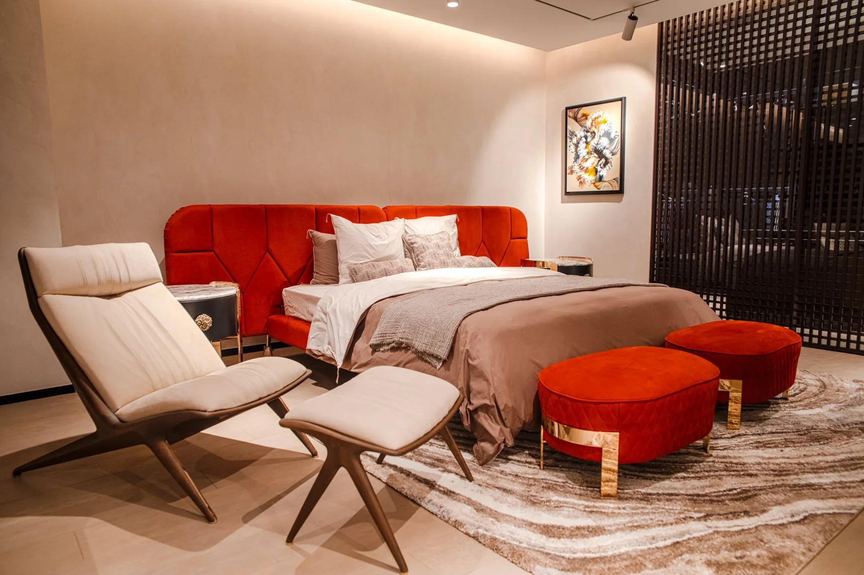 Our bedroom featuring the Opera Contemporary Dorothy bed and Aurora armchair. 