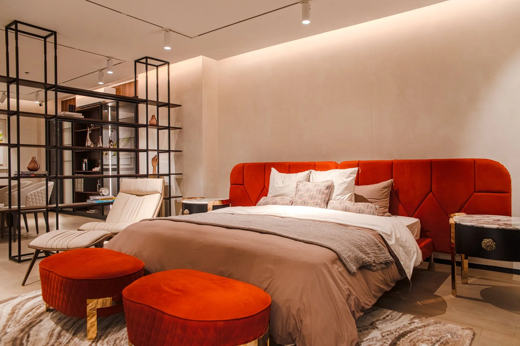 Our bedroom featuring the Opera Contemporary Dorothy bed and Aurora armchair. 