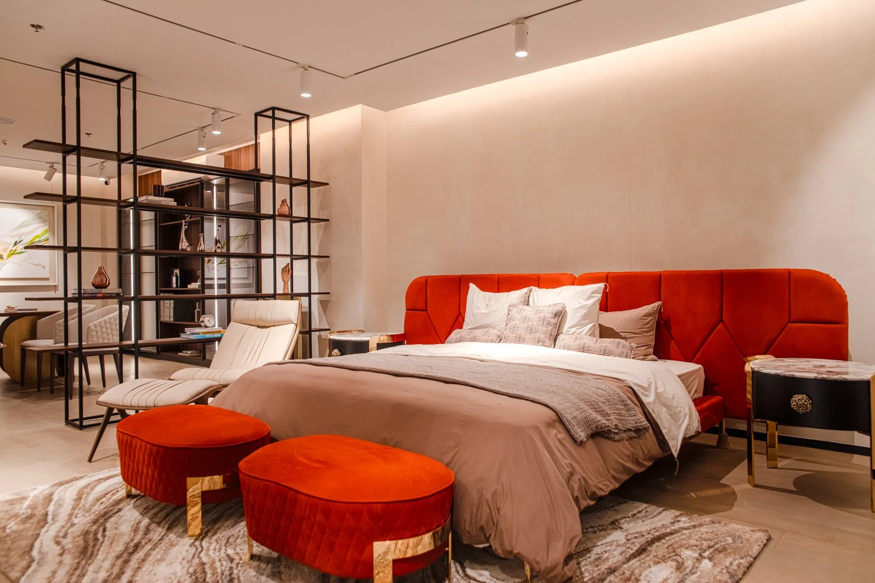 Our bedroom featuring the Opera Contemporary Dorothy bed and Aurora armchair. 