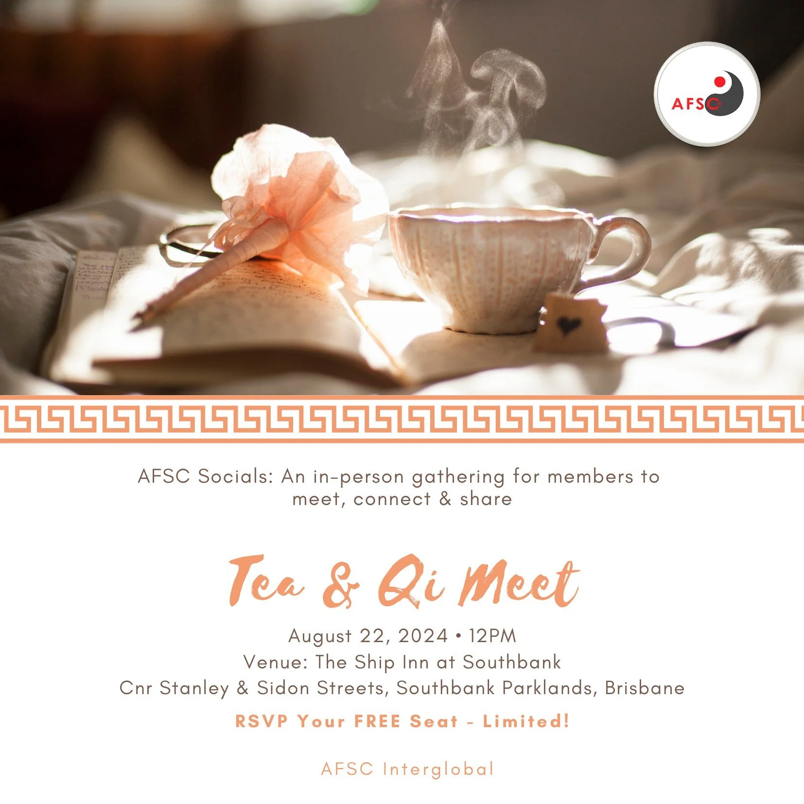 Don’t miss out! Our Tea & Qi gathering is just a few days away. 🍵✨ 
Bring along your friends and join us for a wonderful afternoon of connection and community. See you there!
RSVP: https://shorturl.at/c1XtO