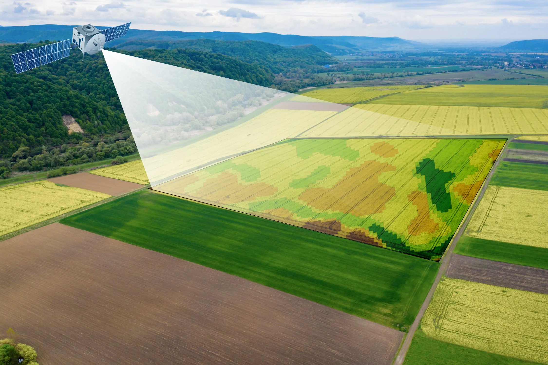 A satellite equipped drone is projecting its sensor data onto a farmland, displaying a color-coded crop health map over the fields in an agricultural landscape.