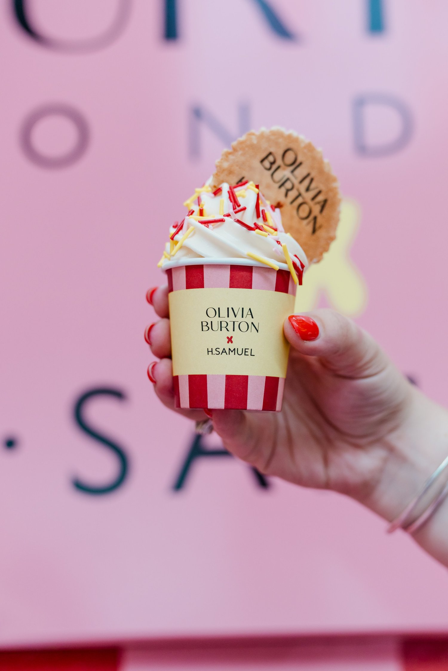 Olivia Burton and H.Samuel branded ice-cream cup with branded biscuit