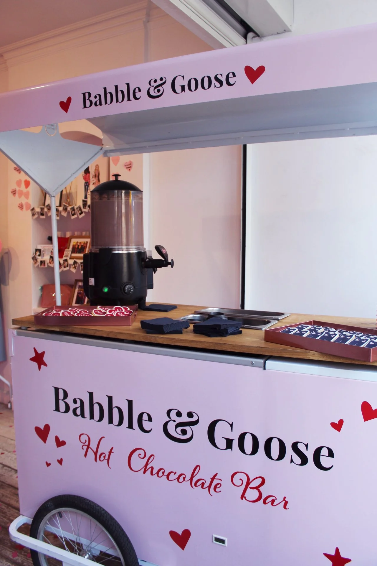 Pink Babble and Goose hot chocolate cart at the Galentine’s pop-up