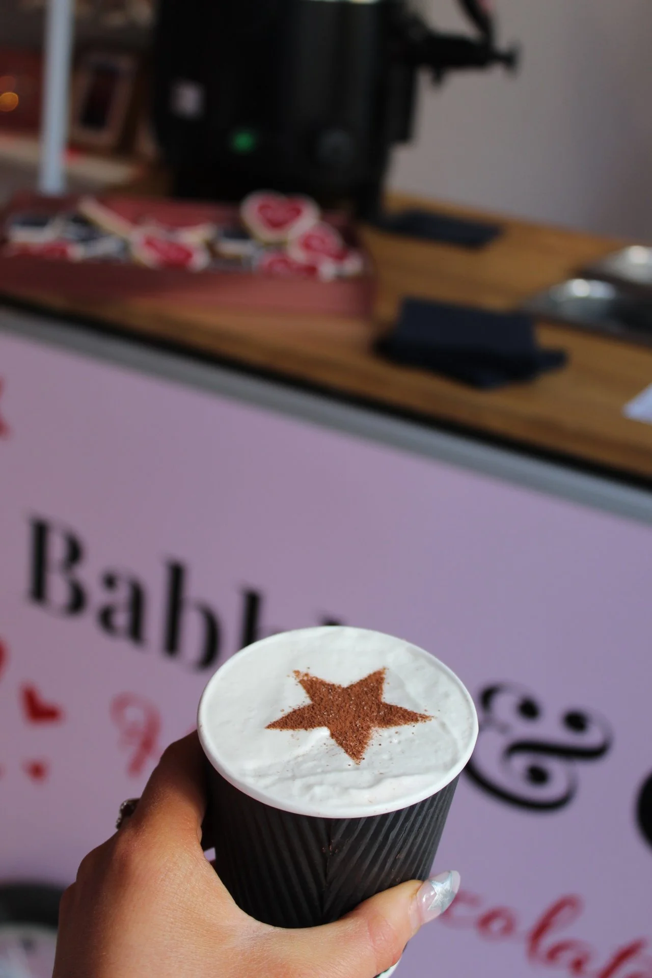 Star-dusted hot chocolate served at the Babble and Goose Galentine’s pop-up