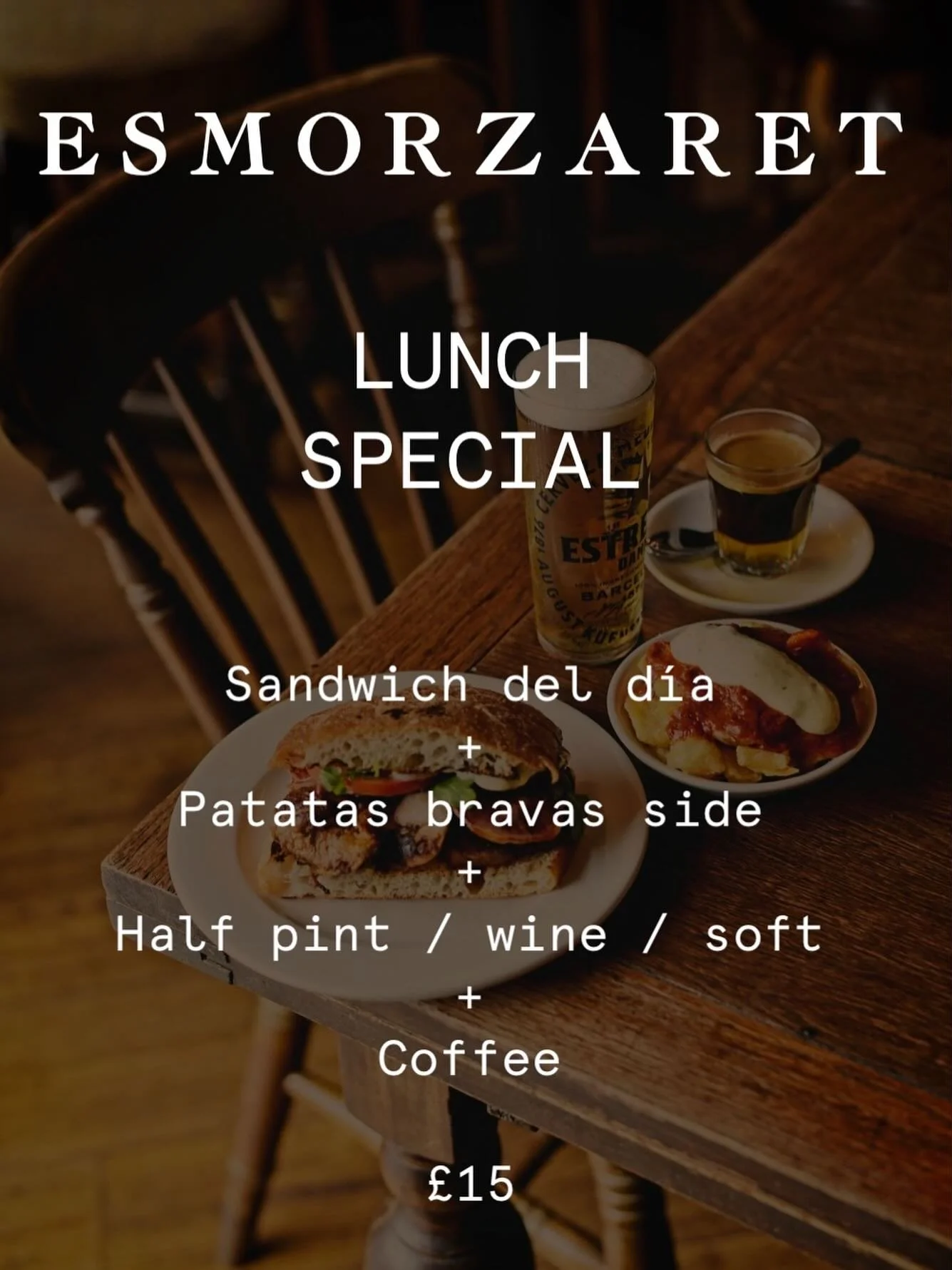 New lunch special. £15.
This week’s sandwich is ‘Chivito de Pollo’ - Chargrilled chicken thighs, lomo ibérico, tomato, gem lettuce, allioli.
Includes patatas bravas, a drink AND a coffee.
Yes, we do think our normal t