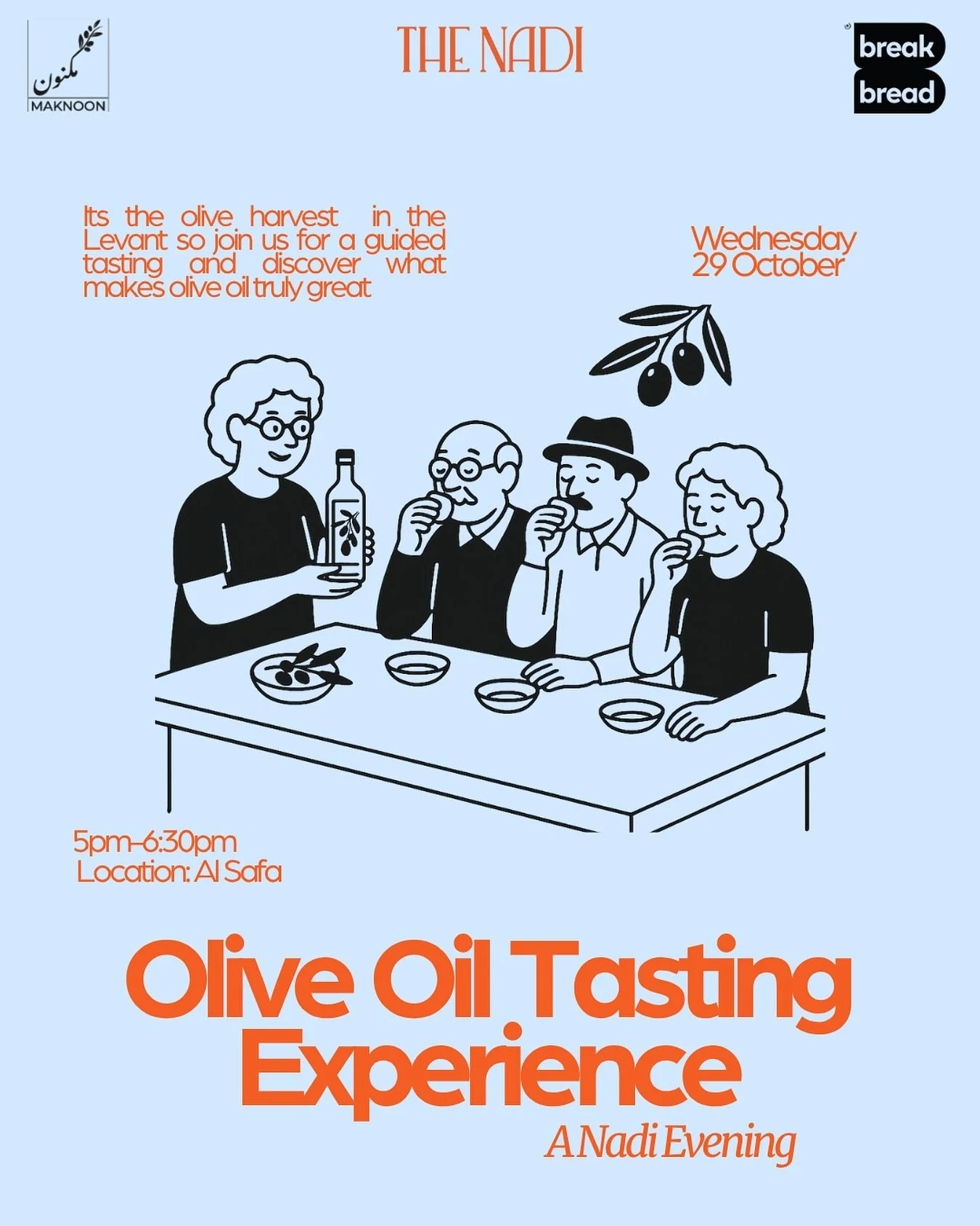 It&rsquo;s olive harvest season in the Levant 🌿
Join us for an evening with Maknoon as we explore the art and science of olive oil,  from the grove to your table.

Led by founder Hanan Wehbi, this guided tasting goes beyond flavor. You&rsquo;ll unco