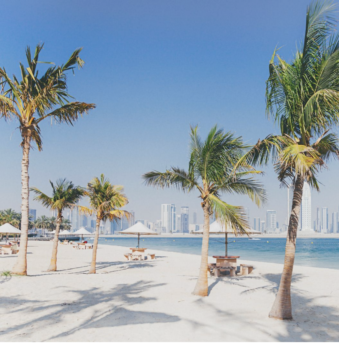 A Dubai beach with white sand, palm trees, umbrellas, picnic tables, and the city skyline in the background under a clear blue sky.