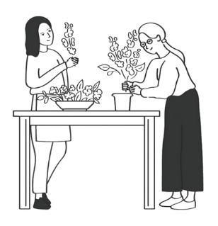 Illustration of two women preparing food at a table, representing cooking classes that are part of The Nadi's diverse event offerings.