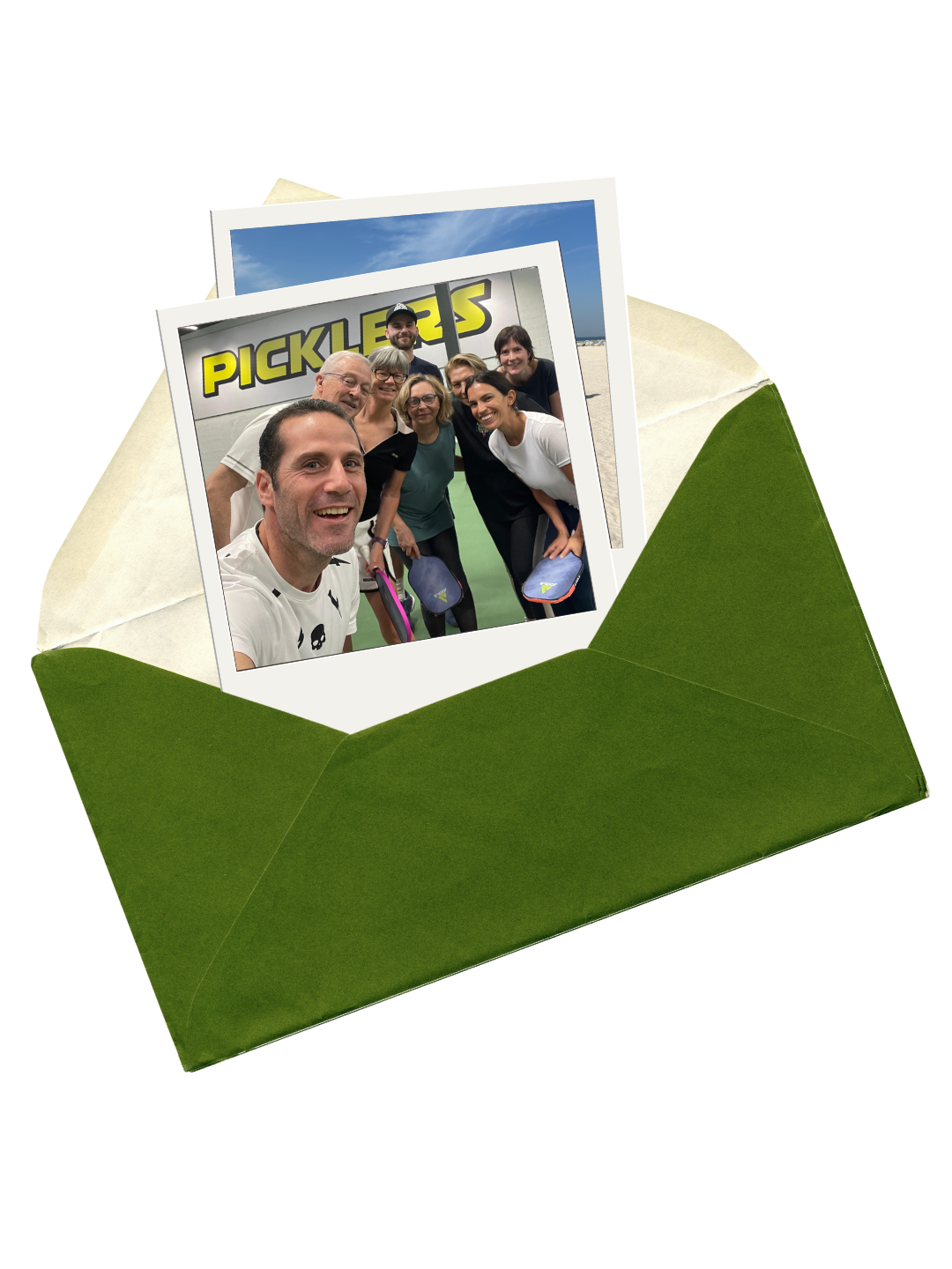 A group photo of seven of the Nadi members taking a selfie at a Pickleball session. The photo is in a polaroid style shown coming out of a green envelope