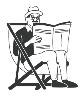 An illustration of a man sitting in a deck chair, reading a newspaper, wearing a hat, with a relaxed posture.