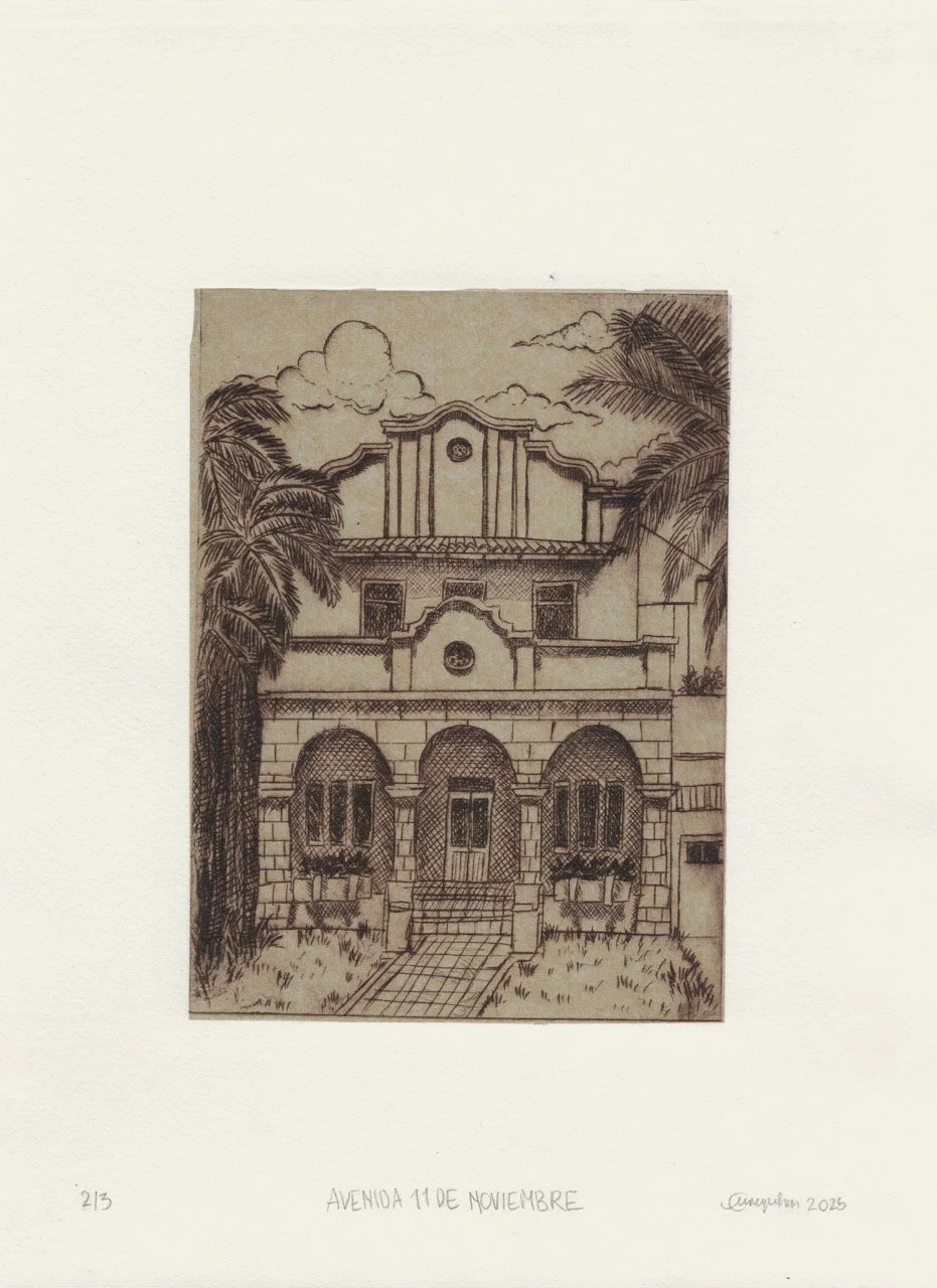 Avenida 11 de Noviembre, grabado en punta seca y chine collé en papel Hahnemühle 300g/m2. Edición 2/3, 2025