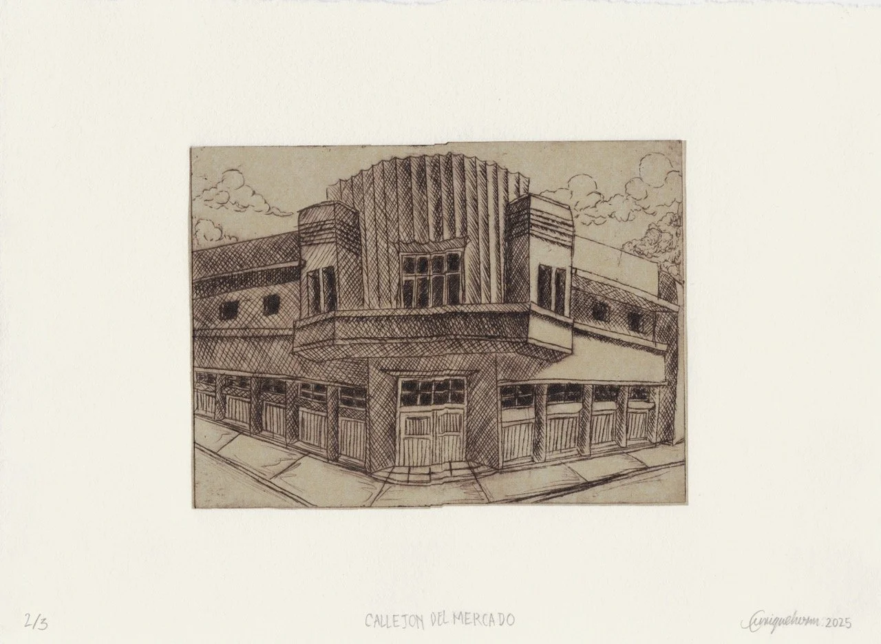 Callejón del Mercado, grabado en punta seca y chine collé en papel Hahnemühle 300g/m2. Edición 2/3, 2025