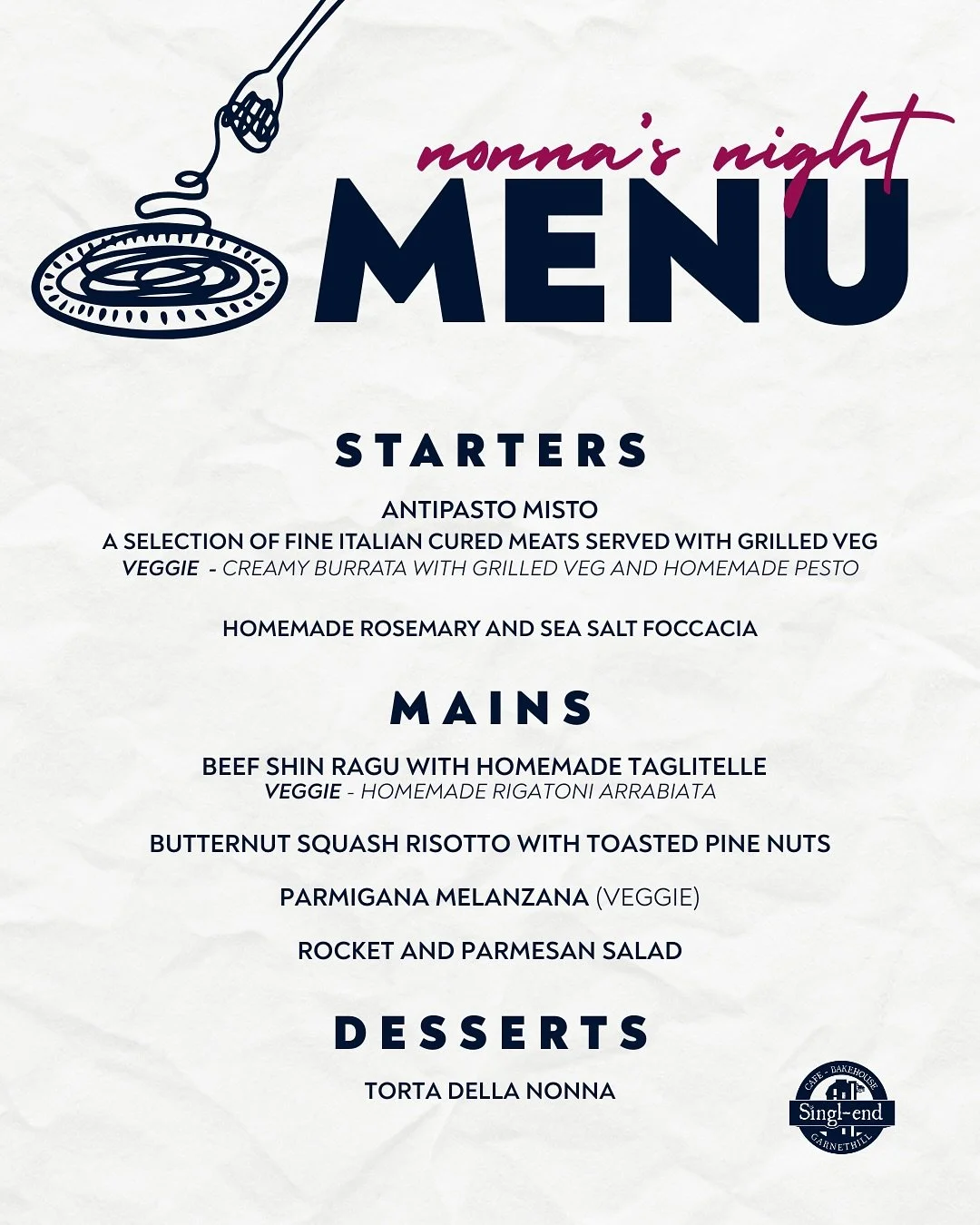 The menu you’ve all been waiting for! π 
Our Nonna’s Night Supper Club is nearly here - and we’re serving up a proper Italian feast to celebrate 10 years in Garnethill and to pay homage to our Italian owners! π
Tickets are &poun