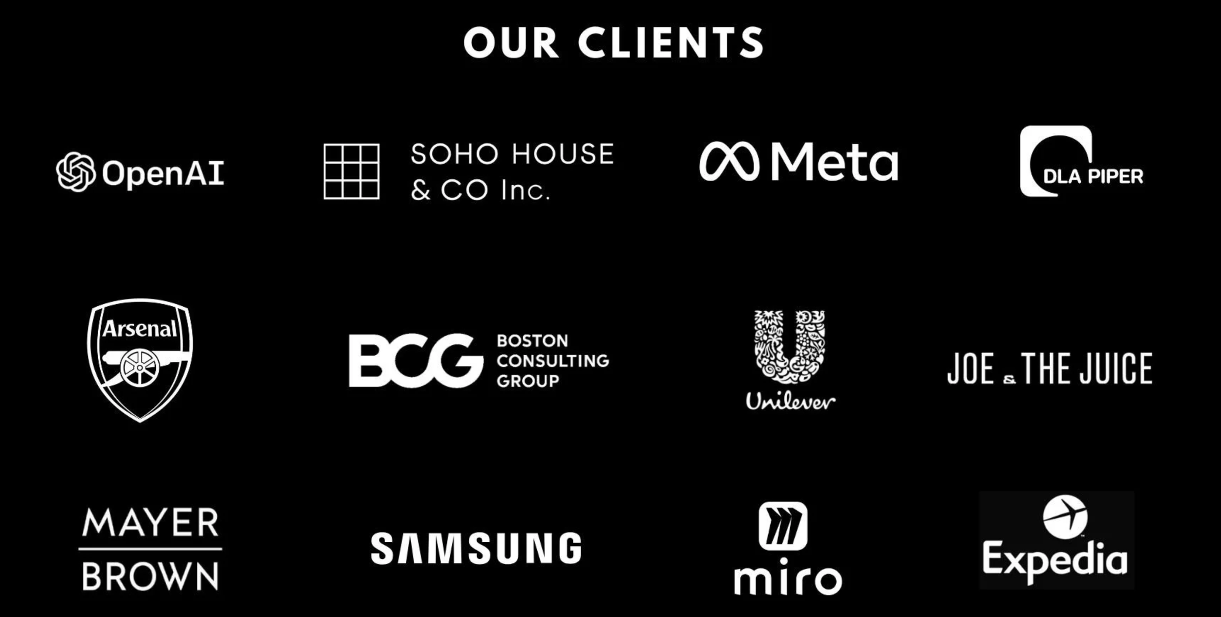 Sound Healing London Client Logos include OpenAI, Soho House, Meta, DLA Piper, Arsenal, Boston Consulting Group, Unilever, Joe & The Juice, Mayer Brown, Samsung, Miro, Expedia, and others