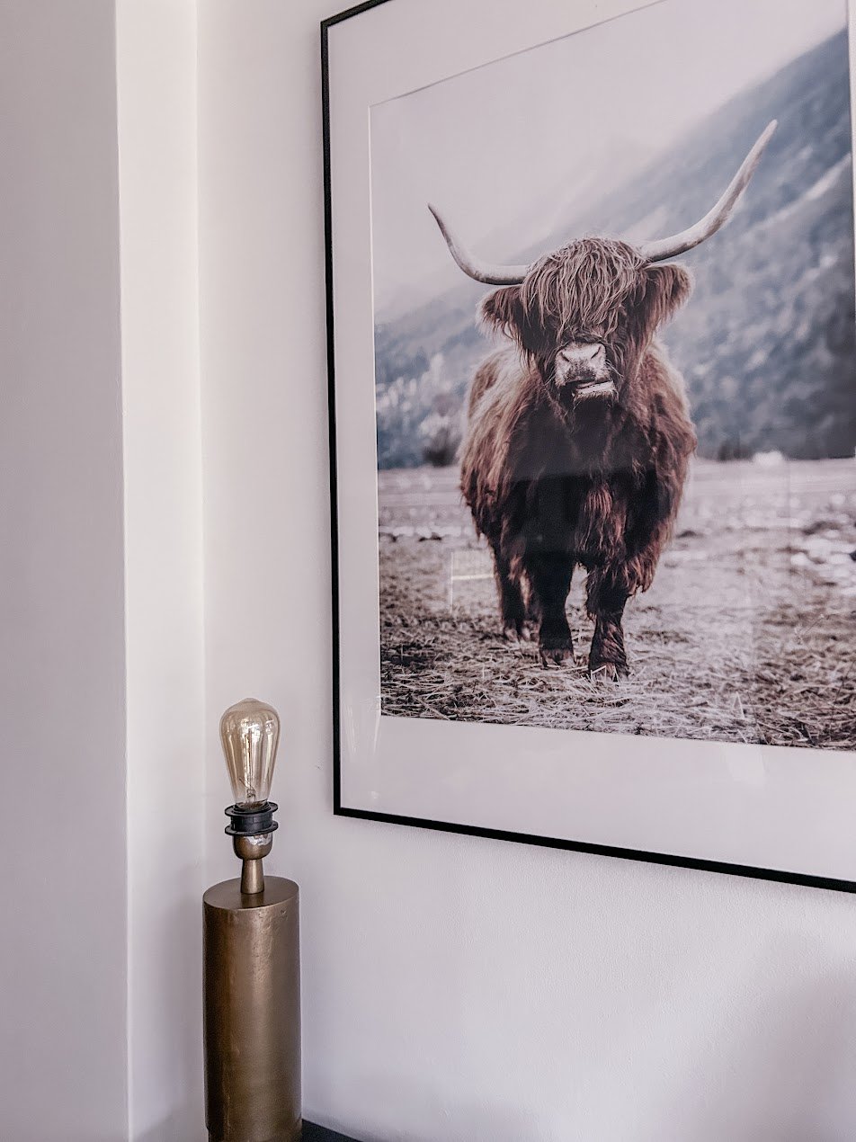 Airbnb Interior Design Makeover Brighton Sussex. Table lamp and bull digital artwork