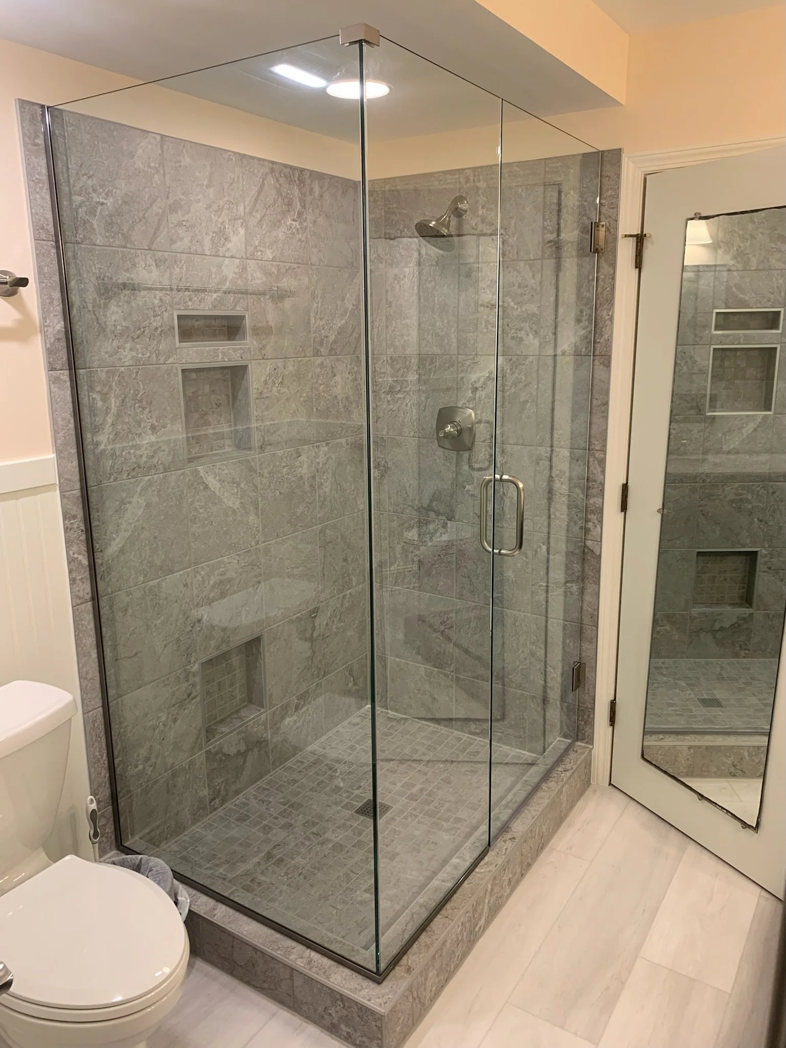 A bathroom with a glass-enclosed tiled shower, a toilet, and a door with a mirror.