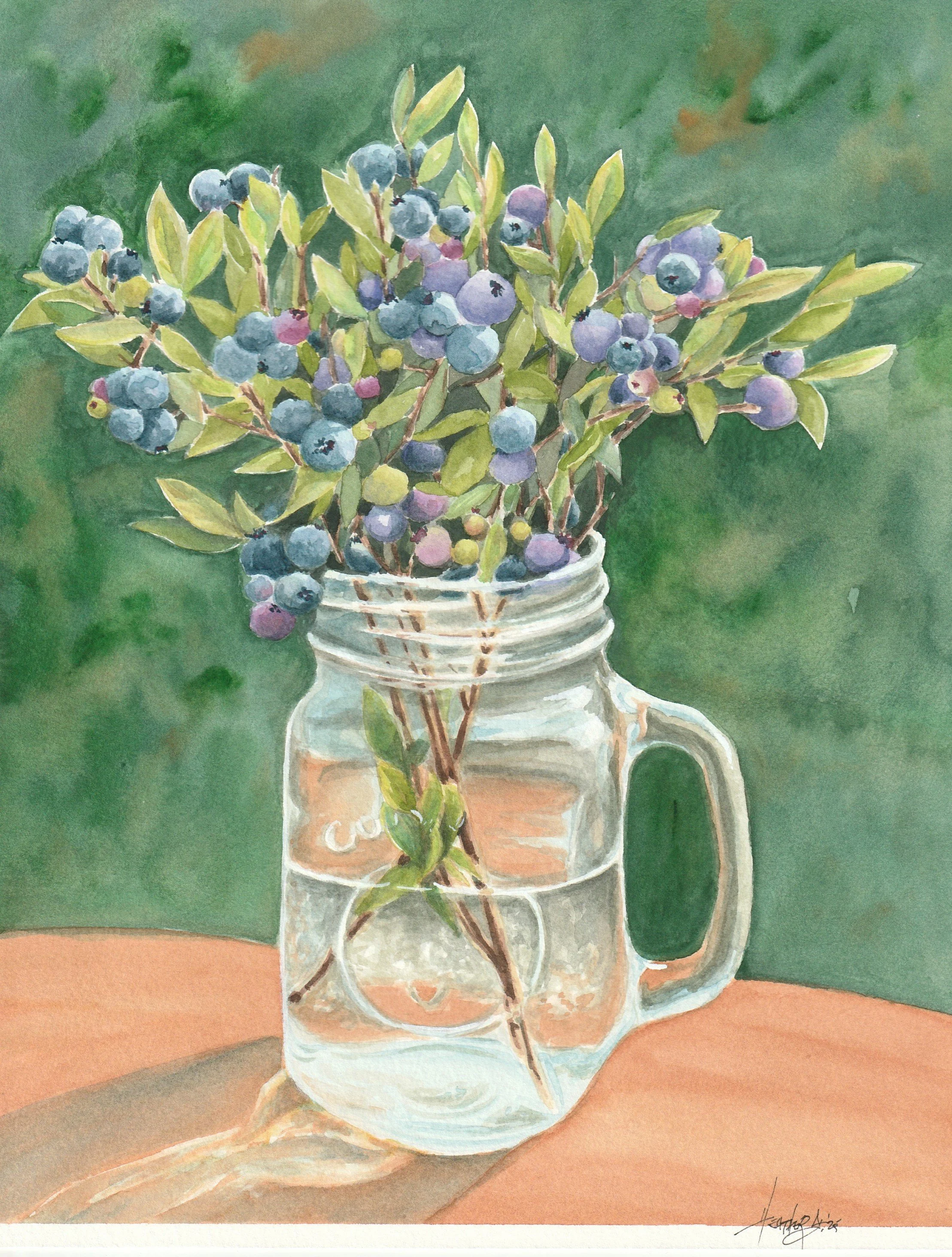 "Blueberries in a Mason Jar" - original 8" x 10" watercolour, prints available