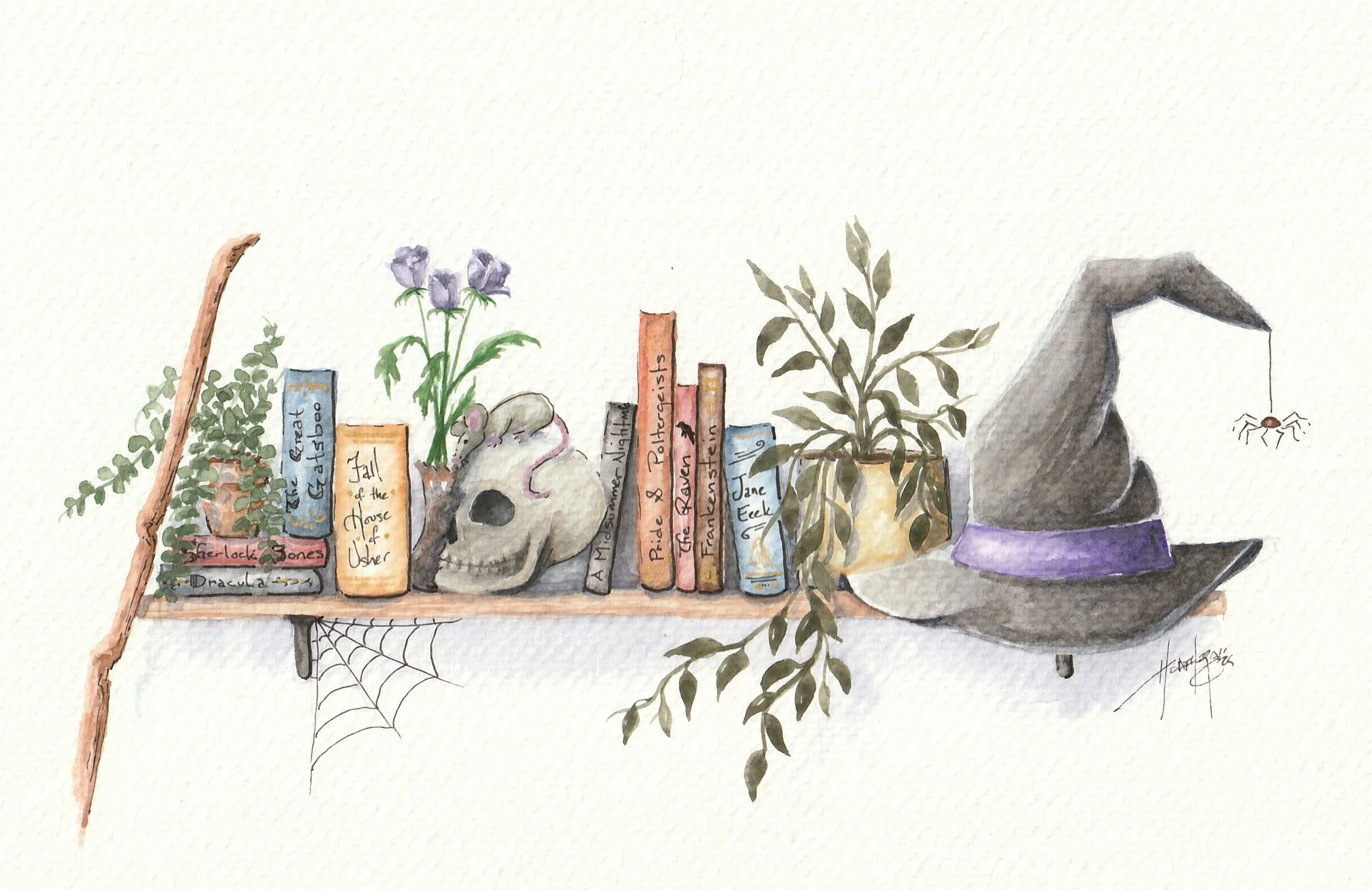 "The Witch's Shelf" - original 10" x 8" watercolour, prints available