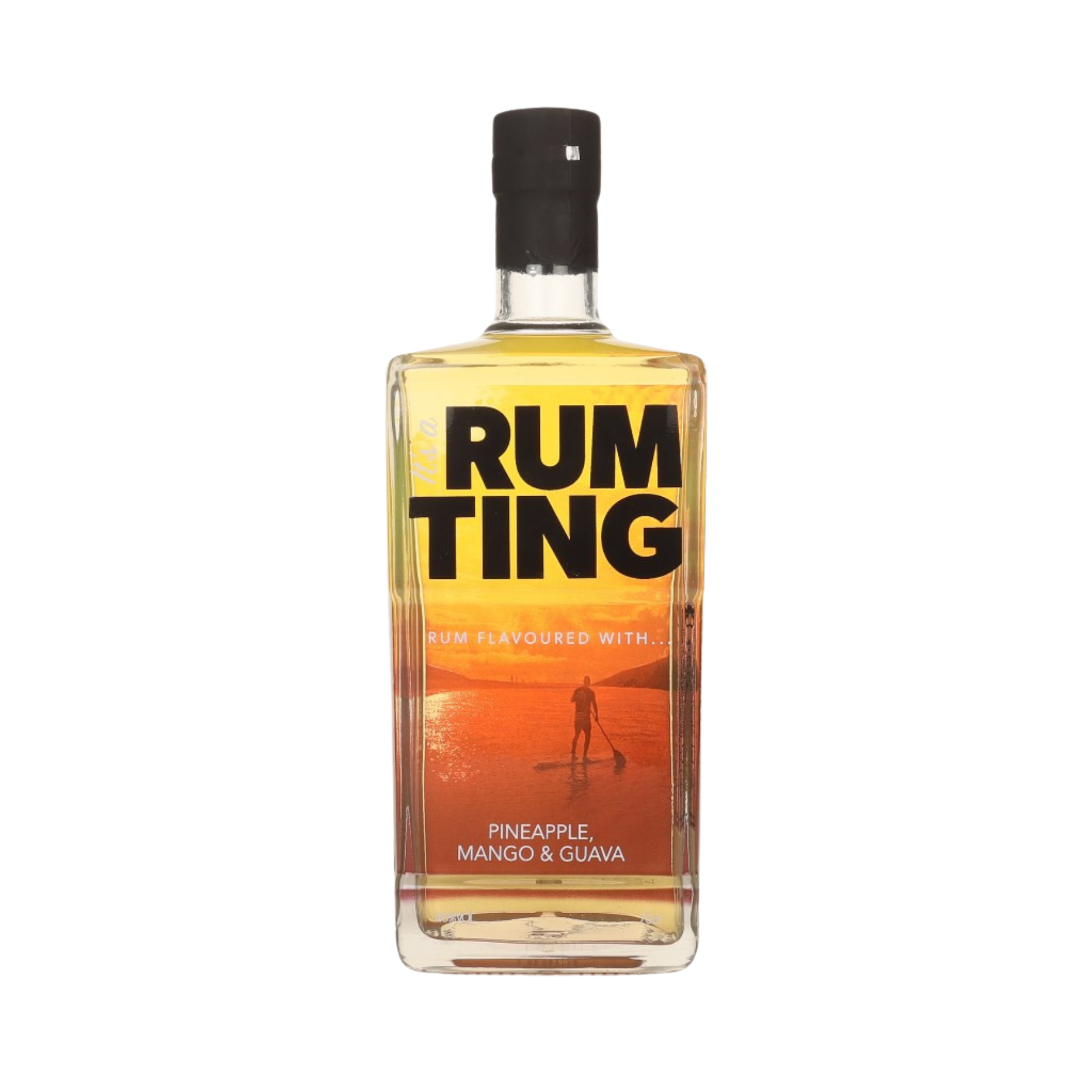 A bottle of rum flavored with pineapple, mango, and guava. The label features an orange sunset over water with a person paddleboarding.