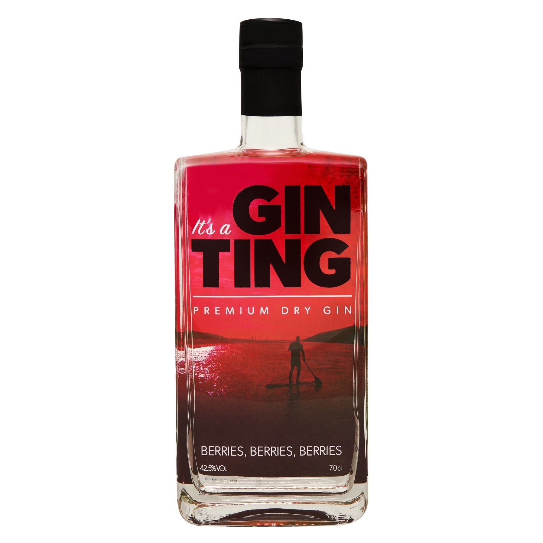 A bottle of premium dry gin with a label that says 'It's a GIN TING,' featuring a red and pink gradient background with a silhouette of a person on a paddleboard on a body of water at sunset, and the flavor 'BERRIES, BERRIES, BERRIES' at the bottom.