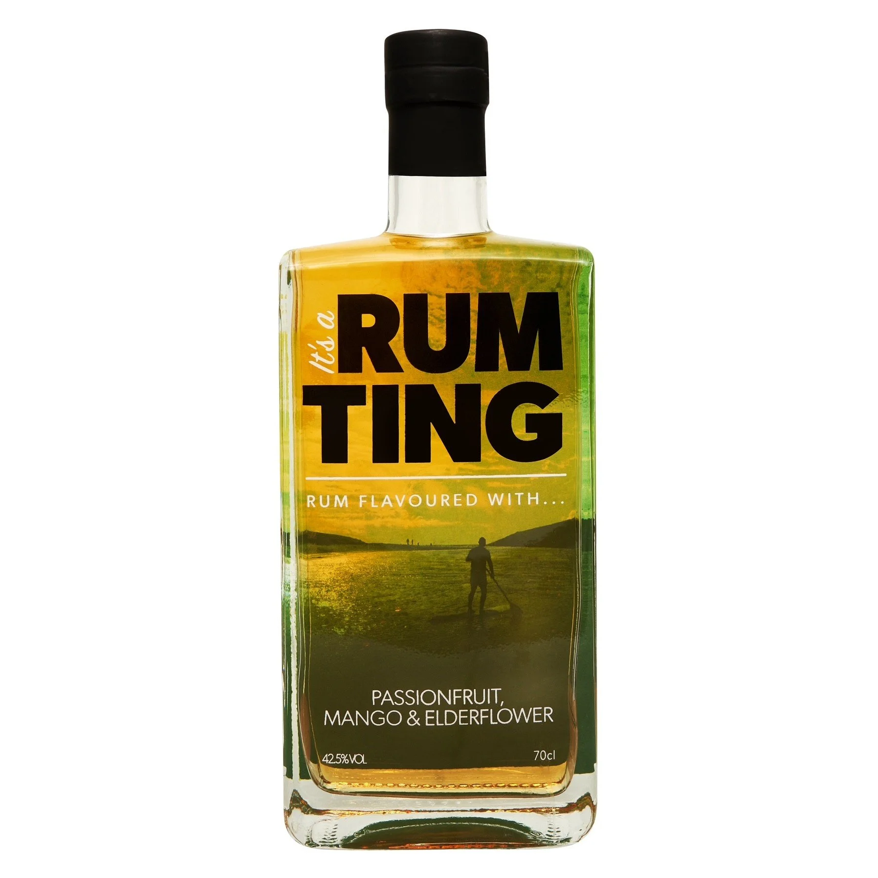 Bottle of ginting rum flavored beverage with passionfruit, mango, and elderflower on the label. transfer application