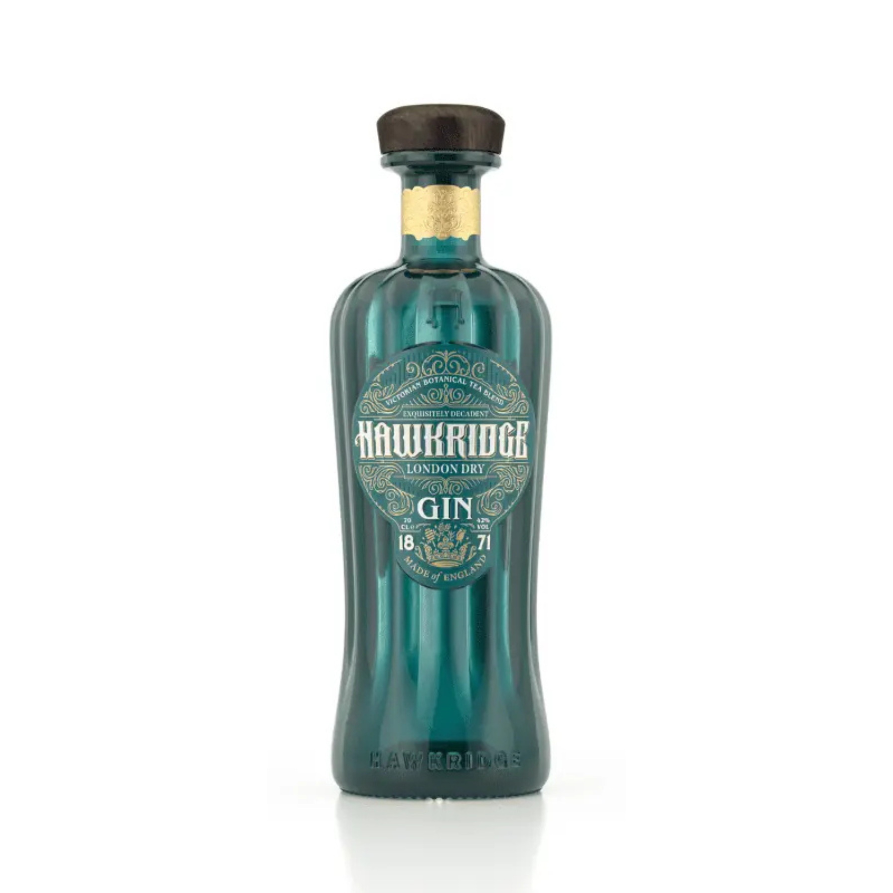 Bottle of Hawkridge London Dry Gin with a teal glass bottle and a black cap, decorative label, and embossed text.