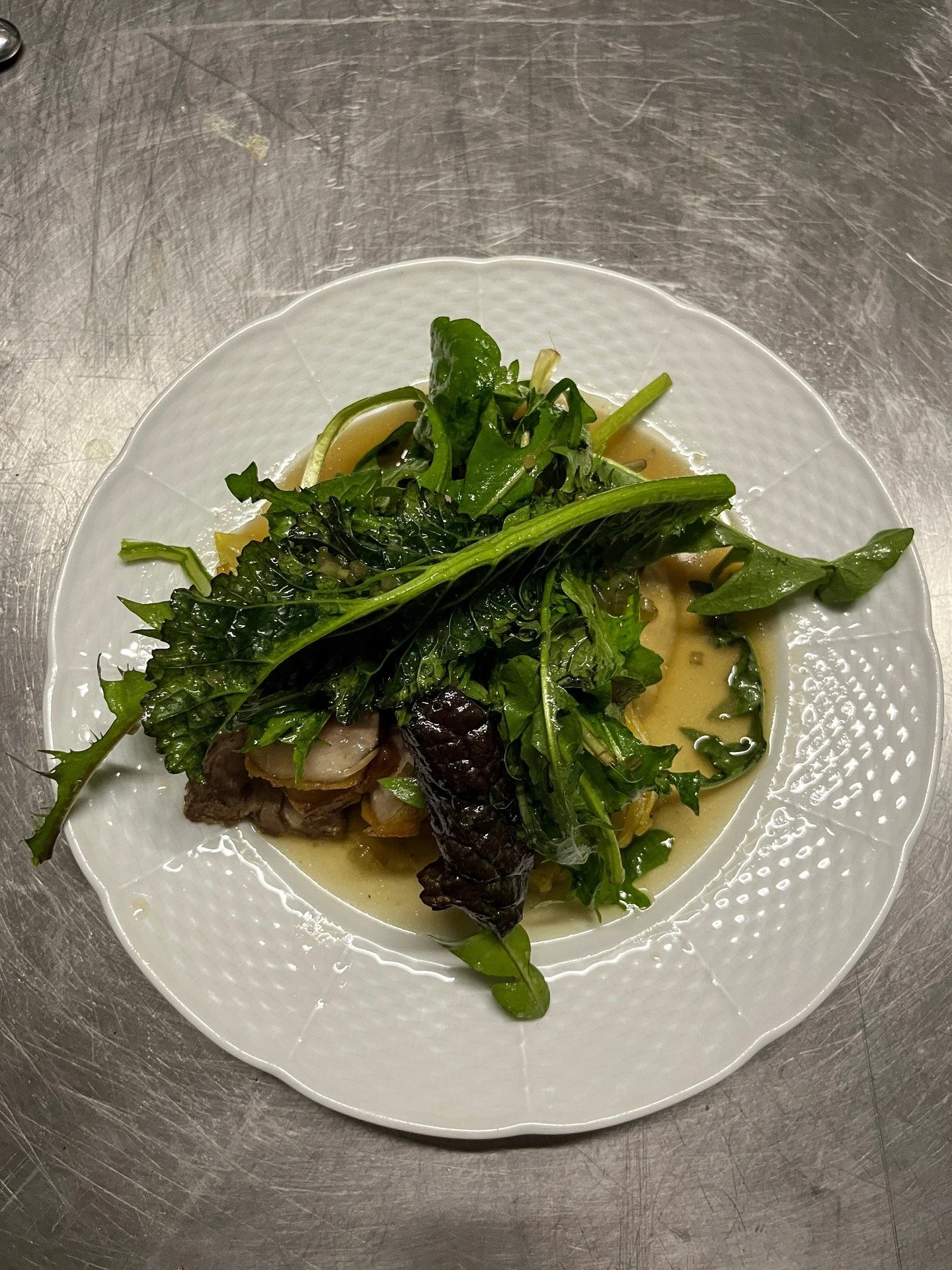 Tickets Still available for our next feast on 10th April 

7pm - 4 courses - BYOB - &pound;50

Email harry@shepherds-corner.co.uk to book

1. Pork, Dandelion Salad and Bakers Potatoes 

You can't get more local and seasonal than this. Delicous pork f