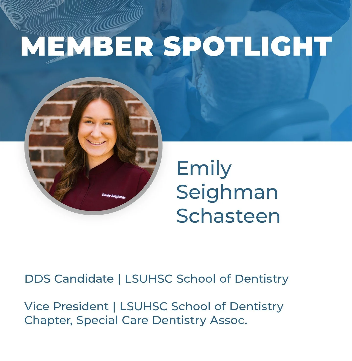 ✨ SCDA Member Spotlight ✨

Meet Emily Seighman Schasteen, DDS candidate and Vice President of her SCDA student chapter, whose passion for special care dentistry was shaped by hands-on work with individuals with disabilities.

&ldquo;I&rsquo;ve seen h