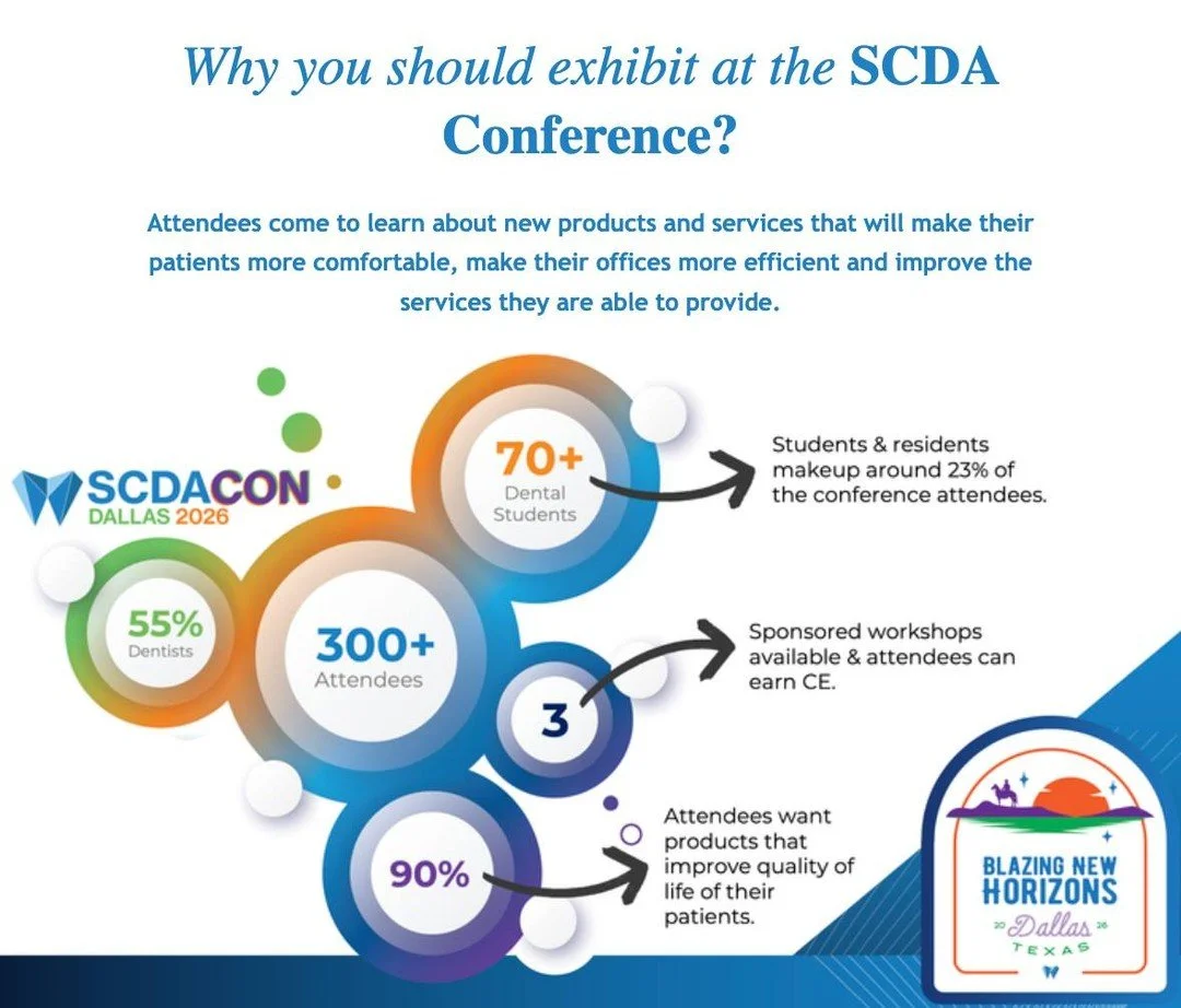 Why you should exhibit at the SCDA Conference? Attendees come to learn about new products and services that will make their patients more comfortable, make their offices more efficient and improve the services they are able to provide.

SCDACon bring