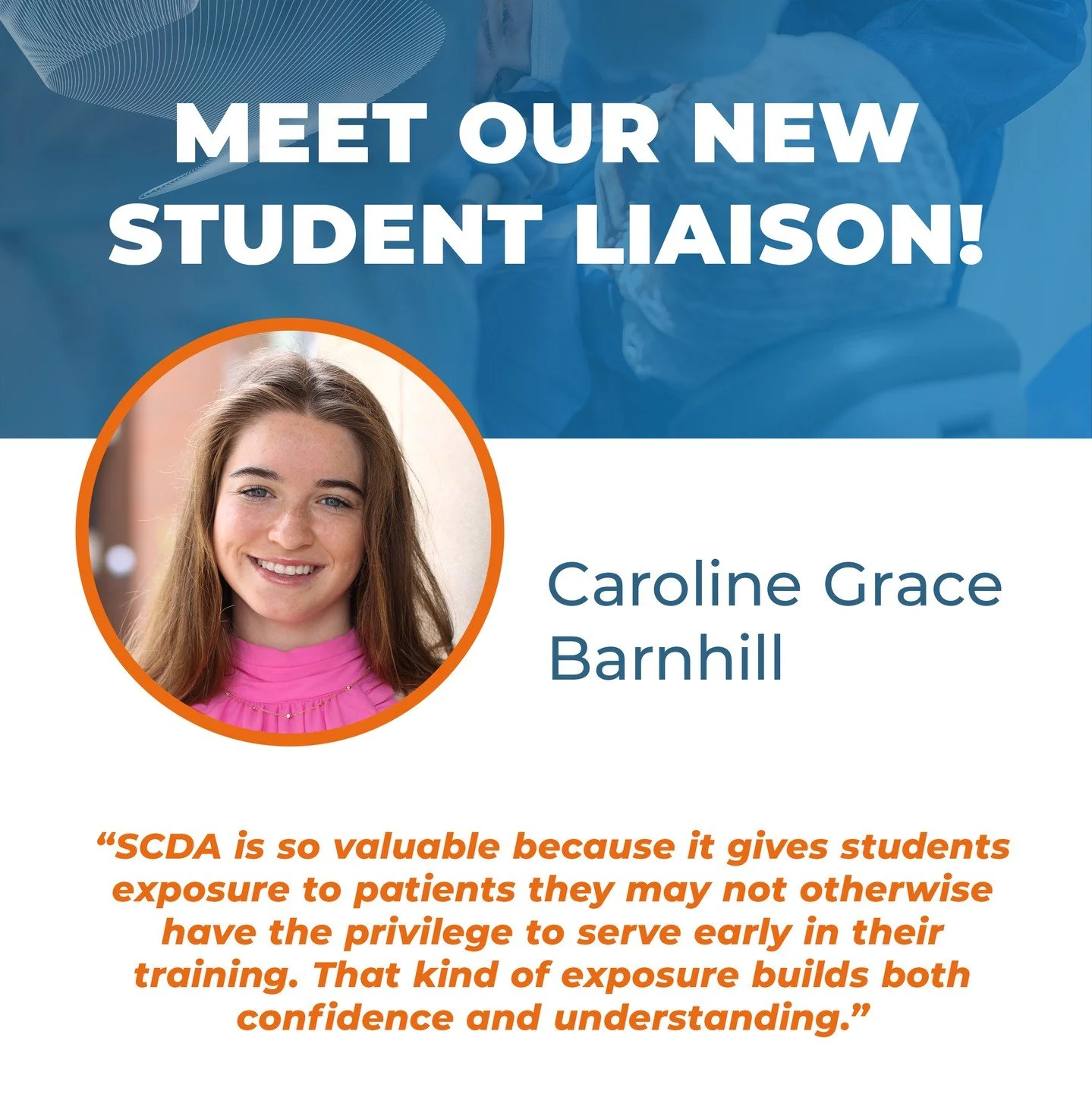 Meet Caroline Grace &ldquo;CG&rdquo; Barnhill, the new Vice Student Liaison for the Special Care Dentistry Association! 🎉

A first-year dental student at UNC Adams School of Dentistry, CG is passionate about making dental care more accessible and in