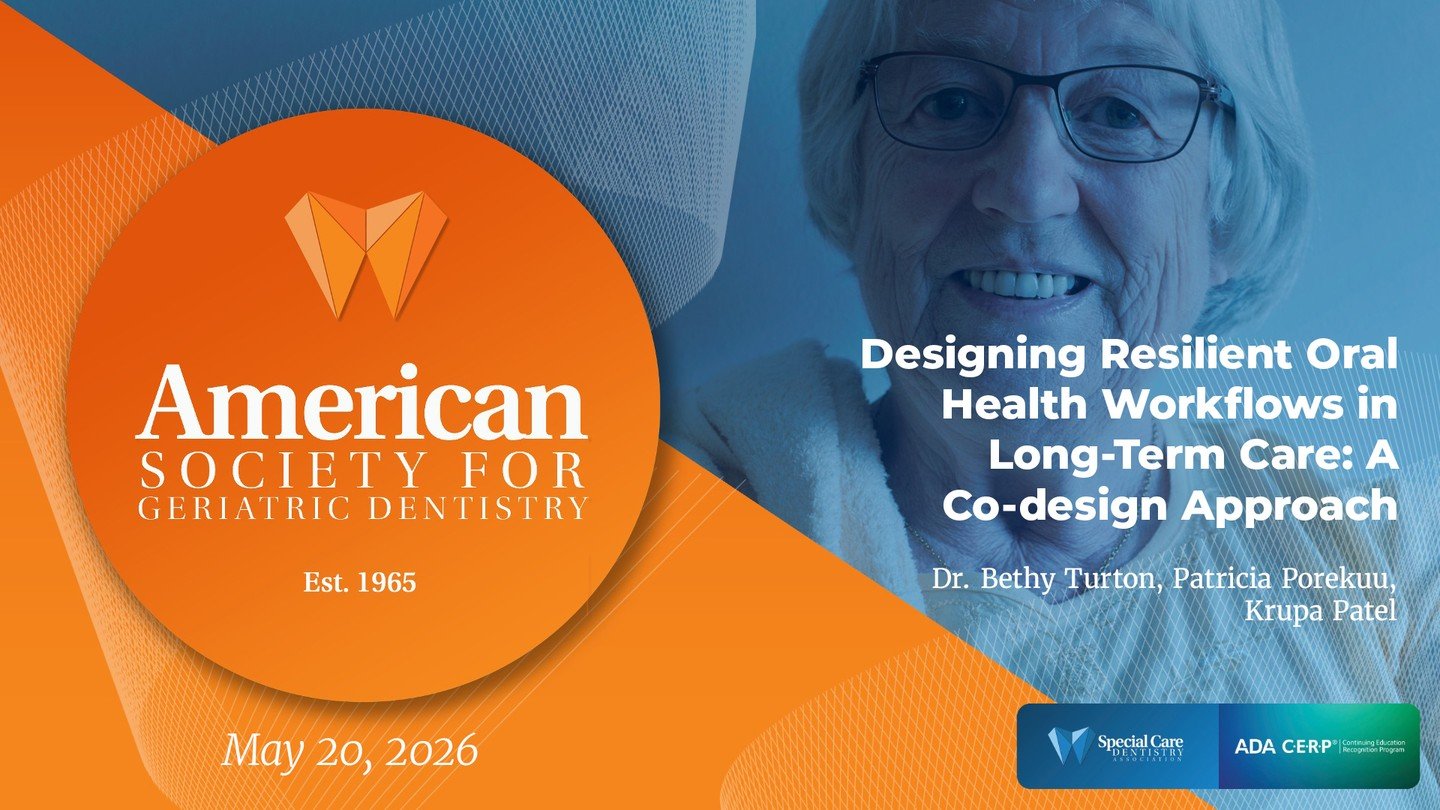 Join us for our ASGD Webinar: Designing Resilient Oral Health Workflows in Long-Term Care: A Co-design Approach featuring Dr. Bethy Turton, Patricia Porekuu, and Krupa Patel

When? May 20, 2026 @ 7pm Eastern

Improving oral health in long‑term care r