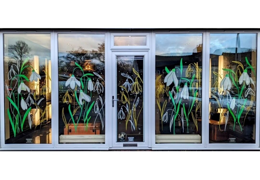 Praying for Snow Drops, not Snow Flakes.
Spring is here at Touched!
Beautiful window art by @victoriasartstudio 

#windowart