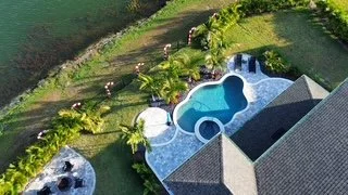 Aerial view of a backyard with a swimming pool, hot tub, lush green grass, and palm trees.