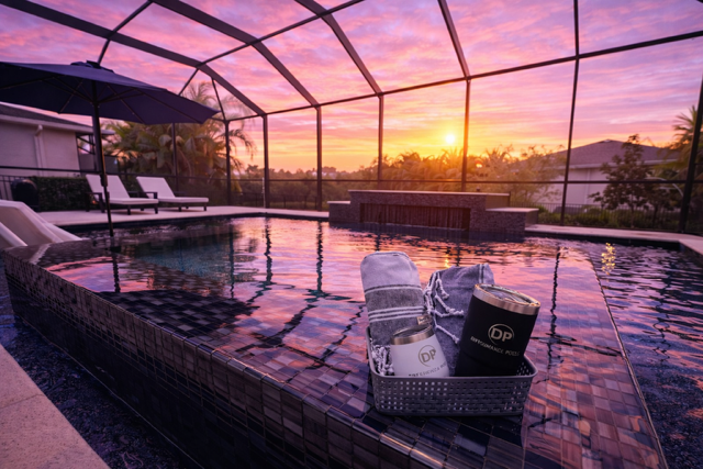 Indoor pool area with a view of a sunset, poolside chairs, a shaded umbrella, and a basket of towels and skincare products.