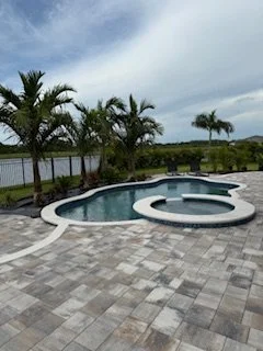 A backyard with a unique, kidney-shaped swimming pool, surrounded by palm trees and a paved patio, with a lake and mountains in the background under a cloudy sky.