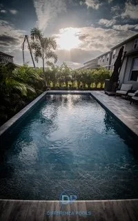 Swimming pool in a backyard with lush greenery and palm trees, under a partly cloudy sky with sunlight.