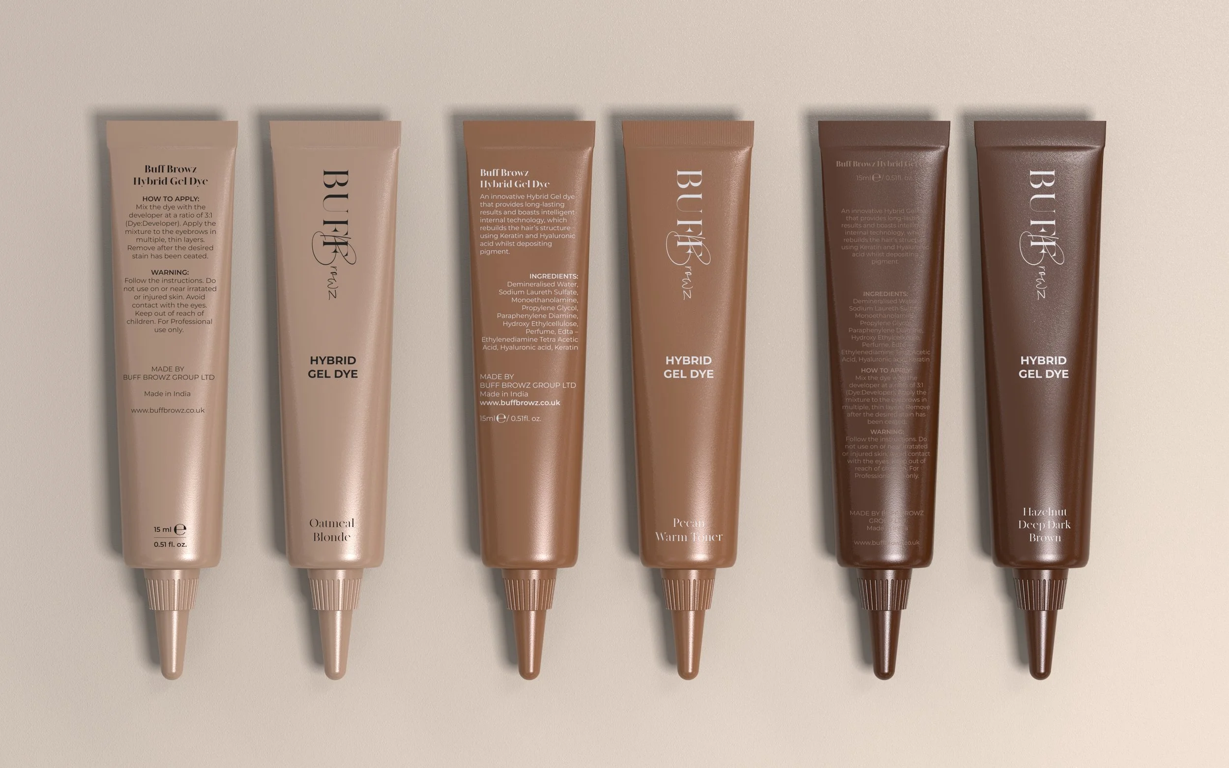Multi-shade brow gel tube packaging design for Buff Browz