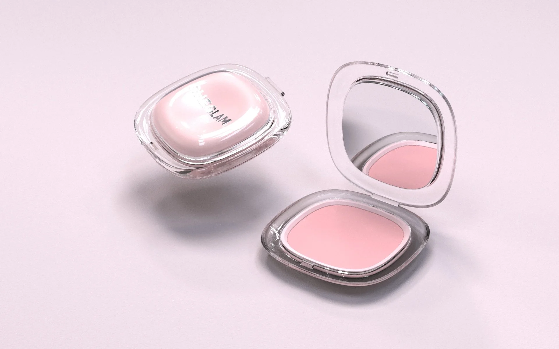 Translucent pink cosmetic compact packaging concept and 3D render