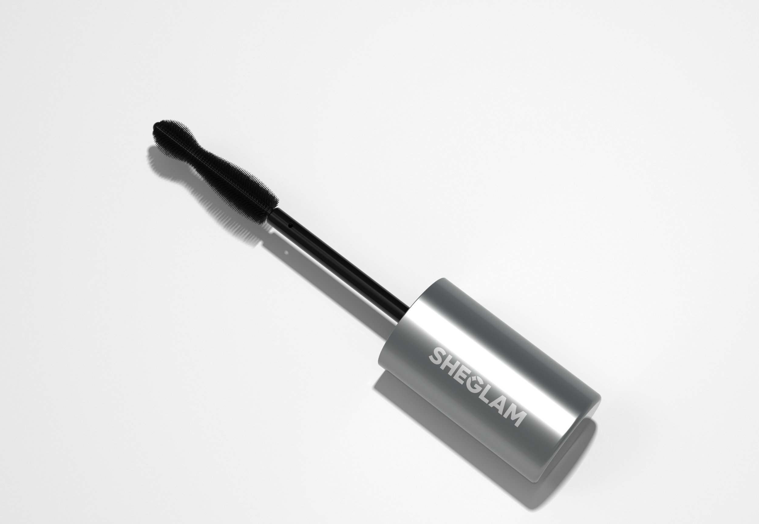 Cosmetic applicator brush and metallic packaging 3D render