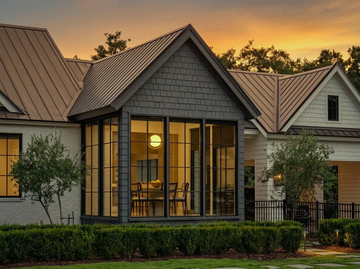 A house with a steep metal roof and large glass-enclosed sunroom during sunset, surrounded by green shrubs and trees.