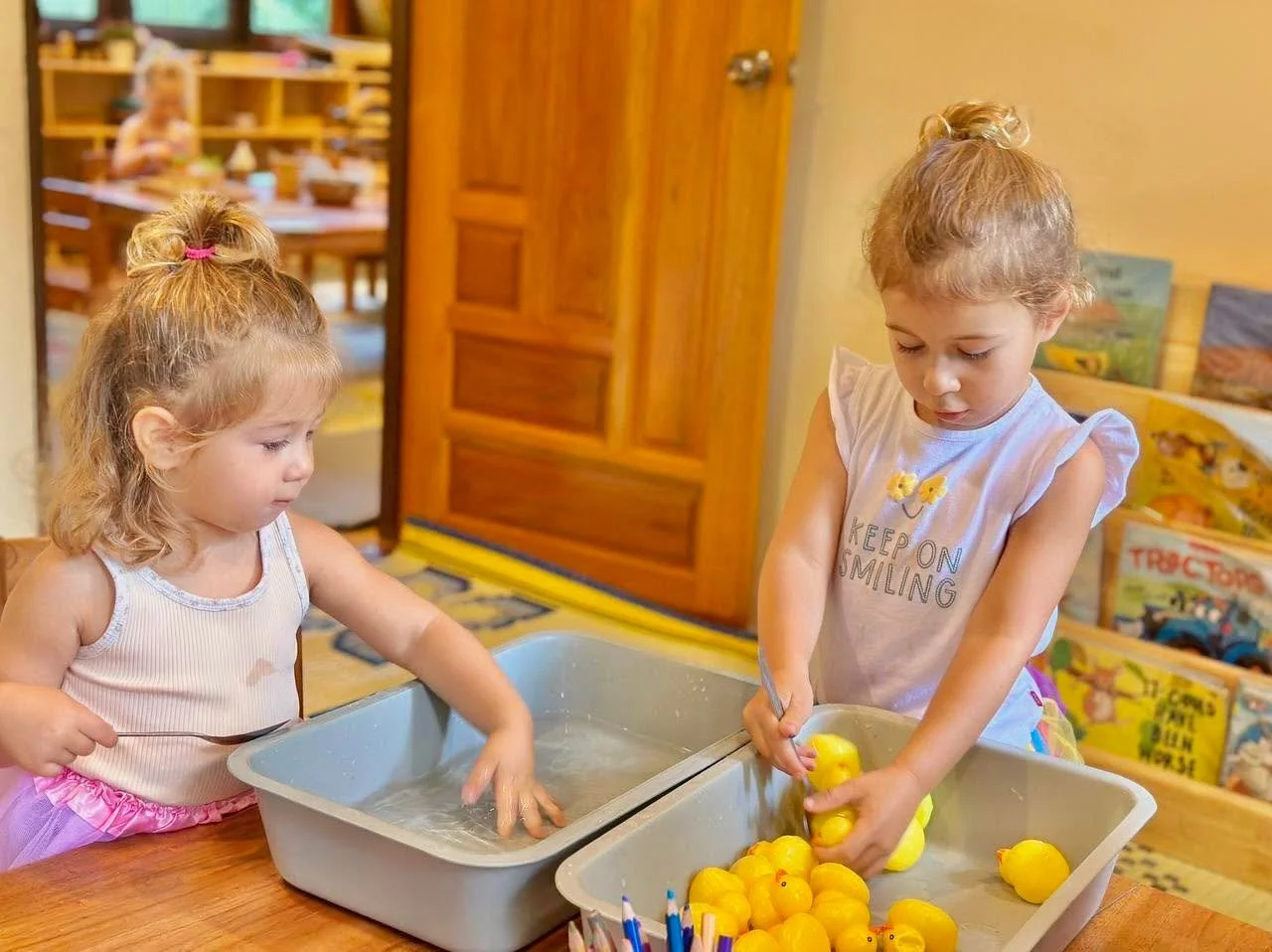 🦆✨ Counting Ducks

Our little learners had so much fun today practising their counting skills by scooping rubber ducks from one tray to another using a spoon.

This simple yet engaging activity helps children develop hand&ndash;eye coordination, foc