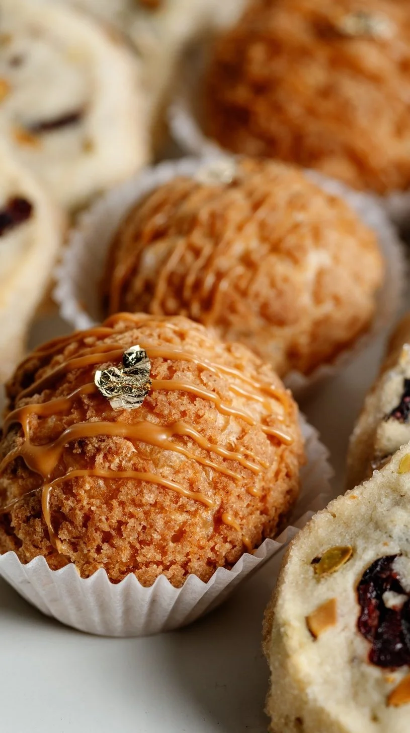 The top of a cookie butter cream puff, topped with cookie butter drizzle